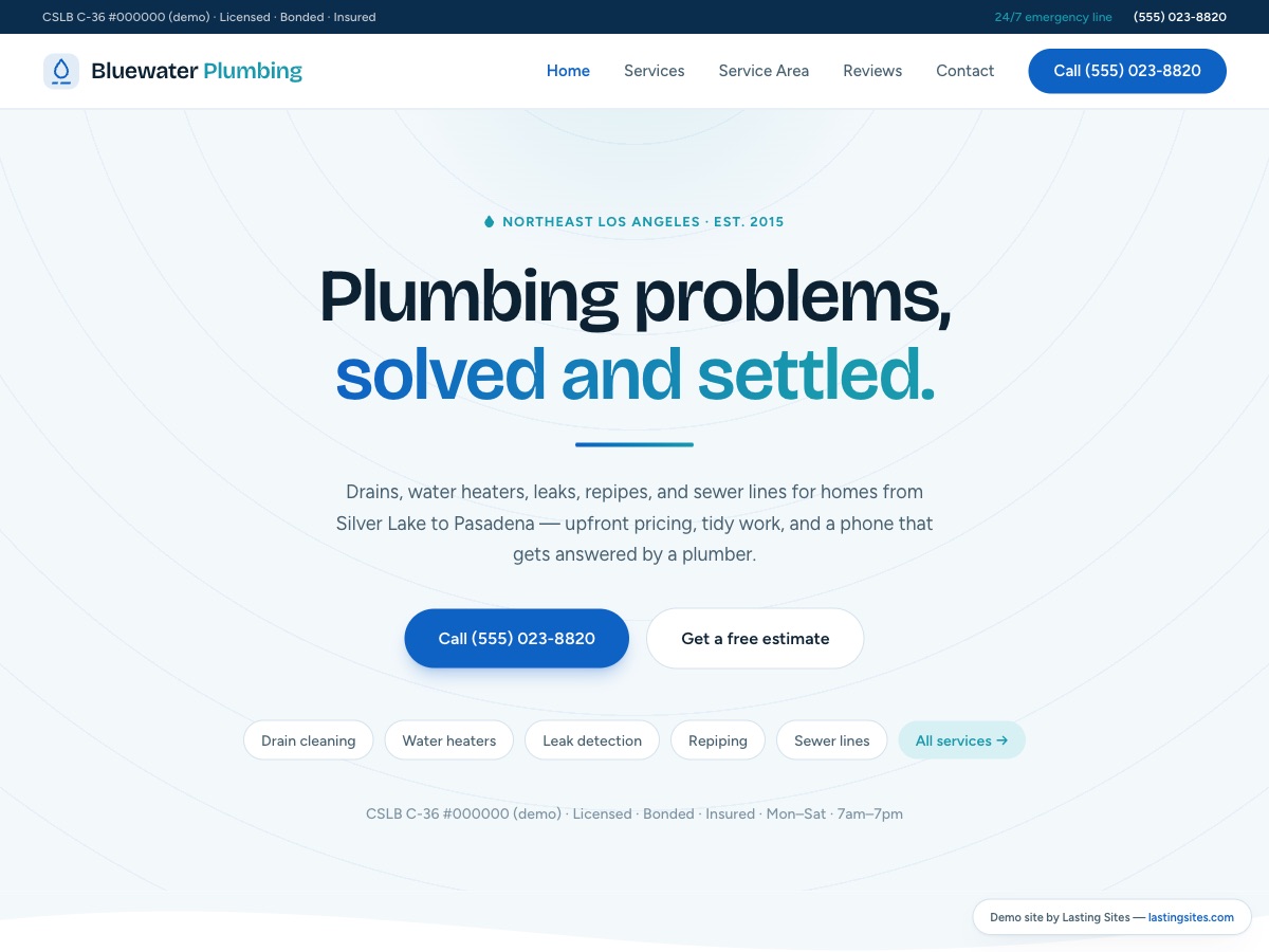 Bluewater Plumbing demo site — bright blue water-fresh design for a plumbing contractor