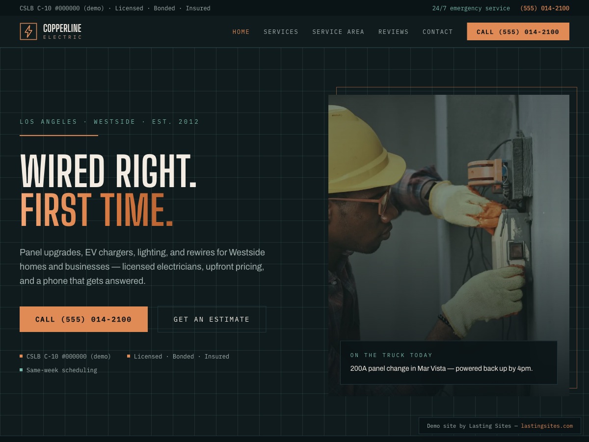 Copperline Electric demo site — dark copper industrial design for an electrical contractor