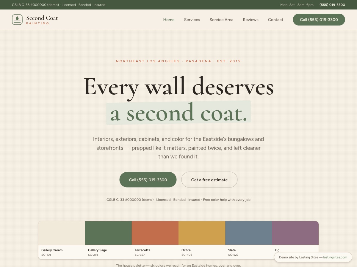 Second Coat Painting demo site — warm cream and sage editorial design for a painting contractor